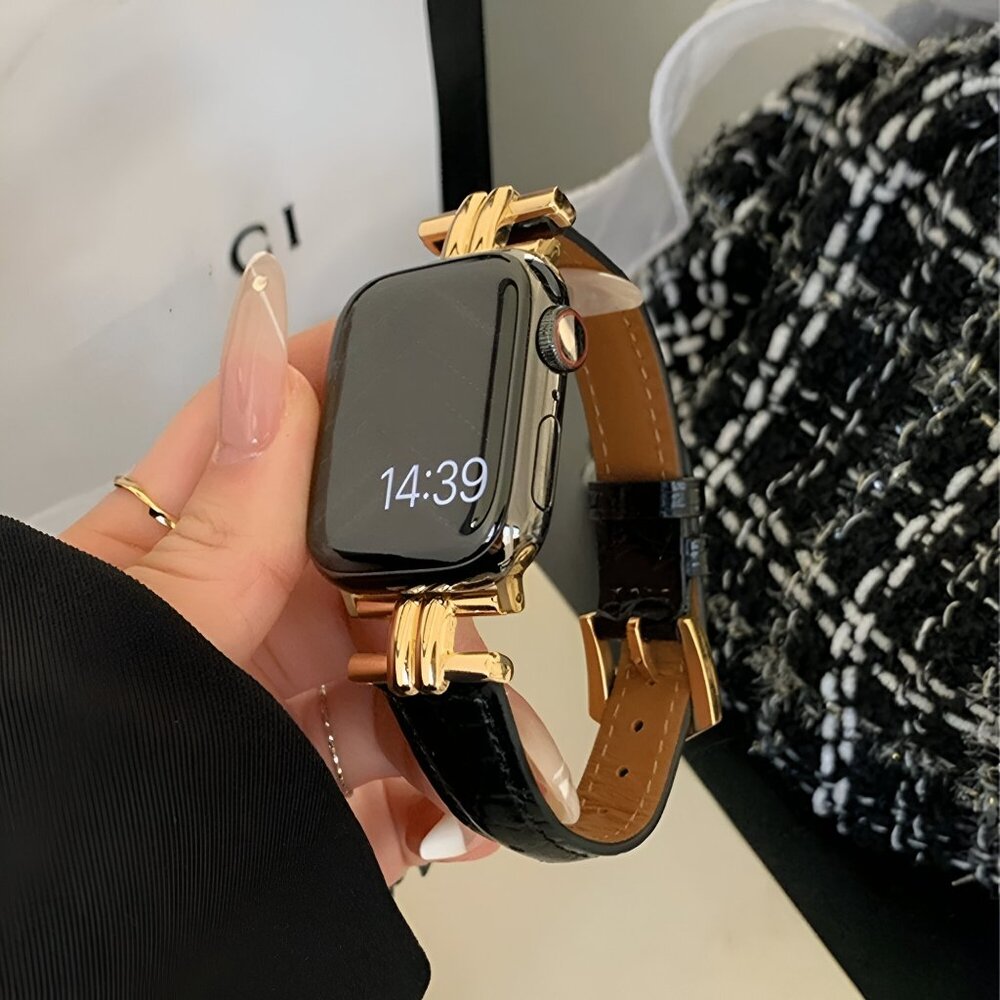 NEW Stylish Luxury Leather Metal Black Strap Band For Apple Watch